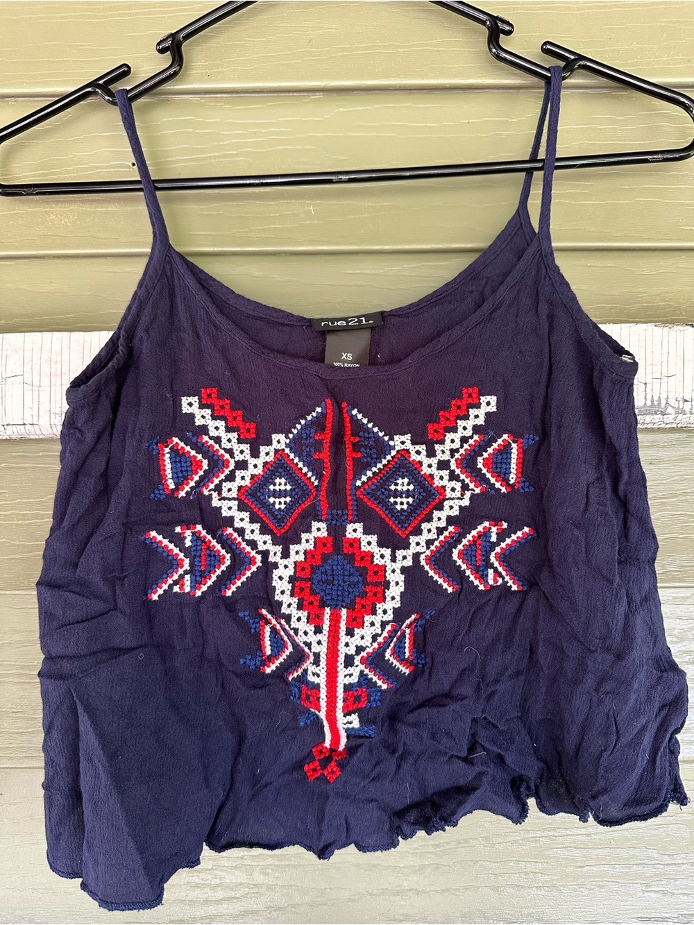 Rue21 Navy Cropped Embroidered Strappy Tank with Red & White Accents